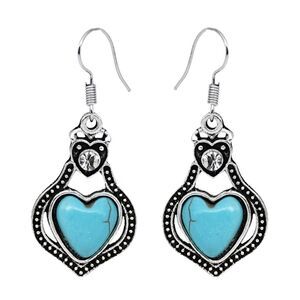 SILVER TURQUOISE DIAMOND HEART DANGLE EARRINGS